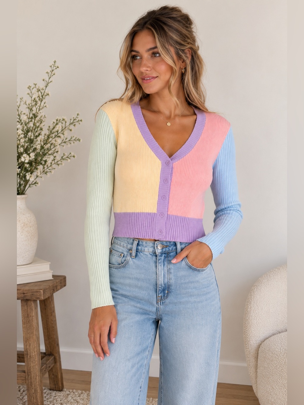 English Factory Pastel Colorblock Ribbed Cardigan | Size M